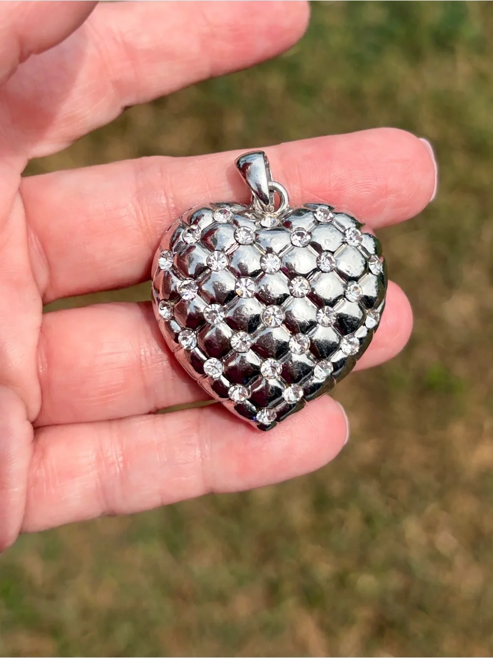 Chunky Silver Plated Heart Quilted Pendant Necklace with Crystal Accents